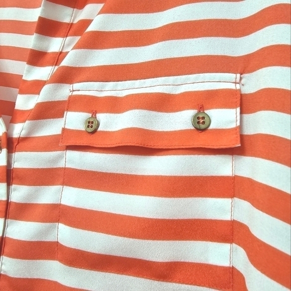 New York & Company Orange Coral White Striped Short Cap Sleeve V Neck Blouse - Picture 3 of 9